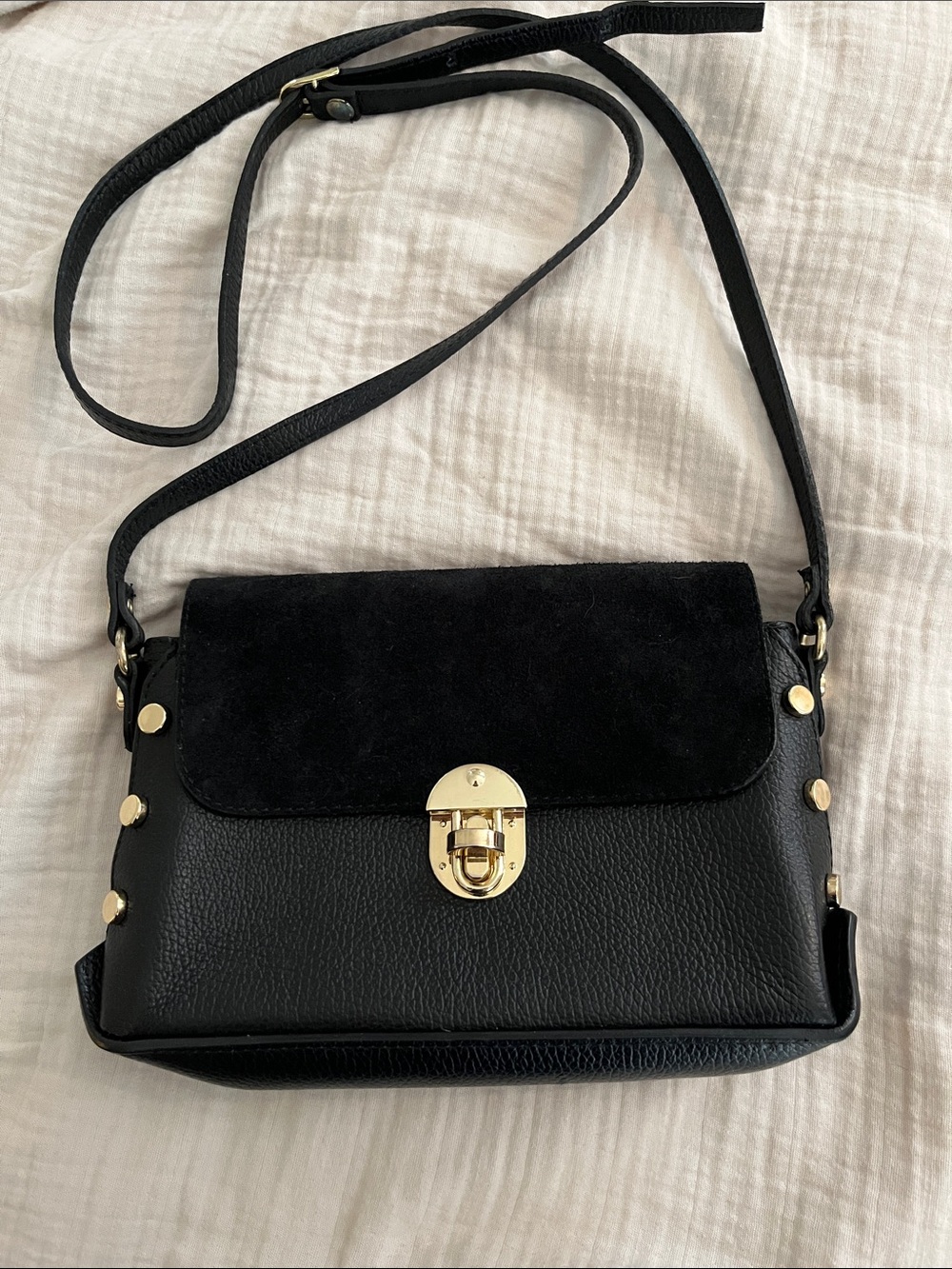 Black Leather & Suede Crossbody Bag with Gold Hardware